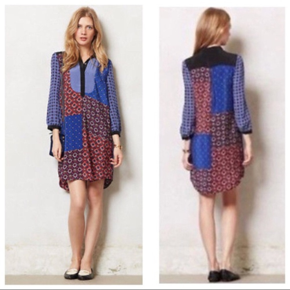 ANTHRO MAULINETTE SOEURS SILK MULTI-PRINT DRESS